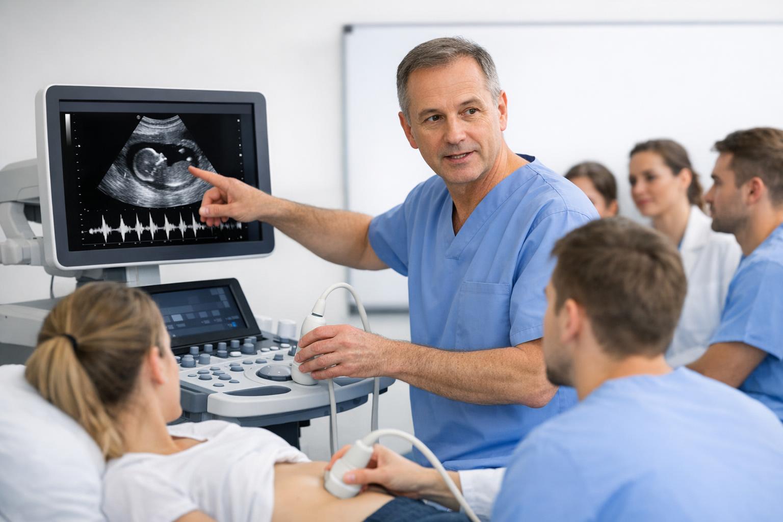 Instruktor pokazujący skanowanie ultrasonograficzne podczas szkolenia