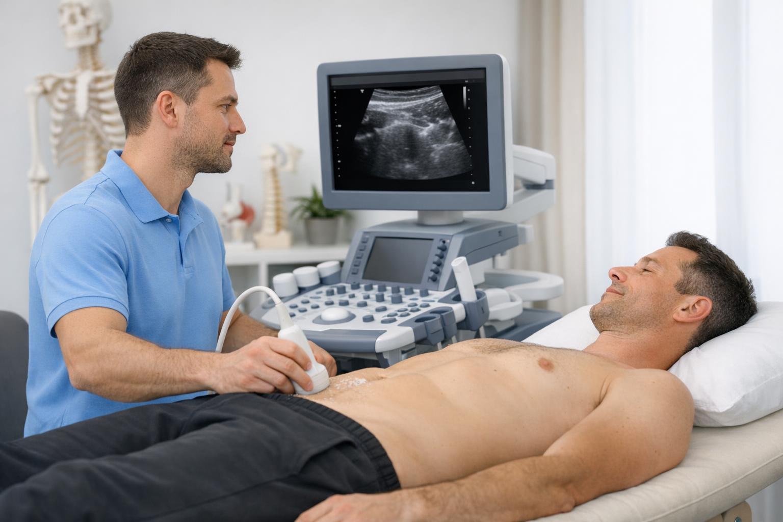 Fizjoterapeuta wykonujący badanie USG na pacjencie