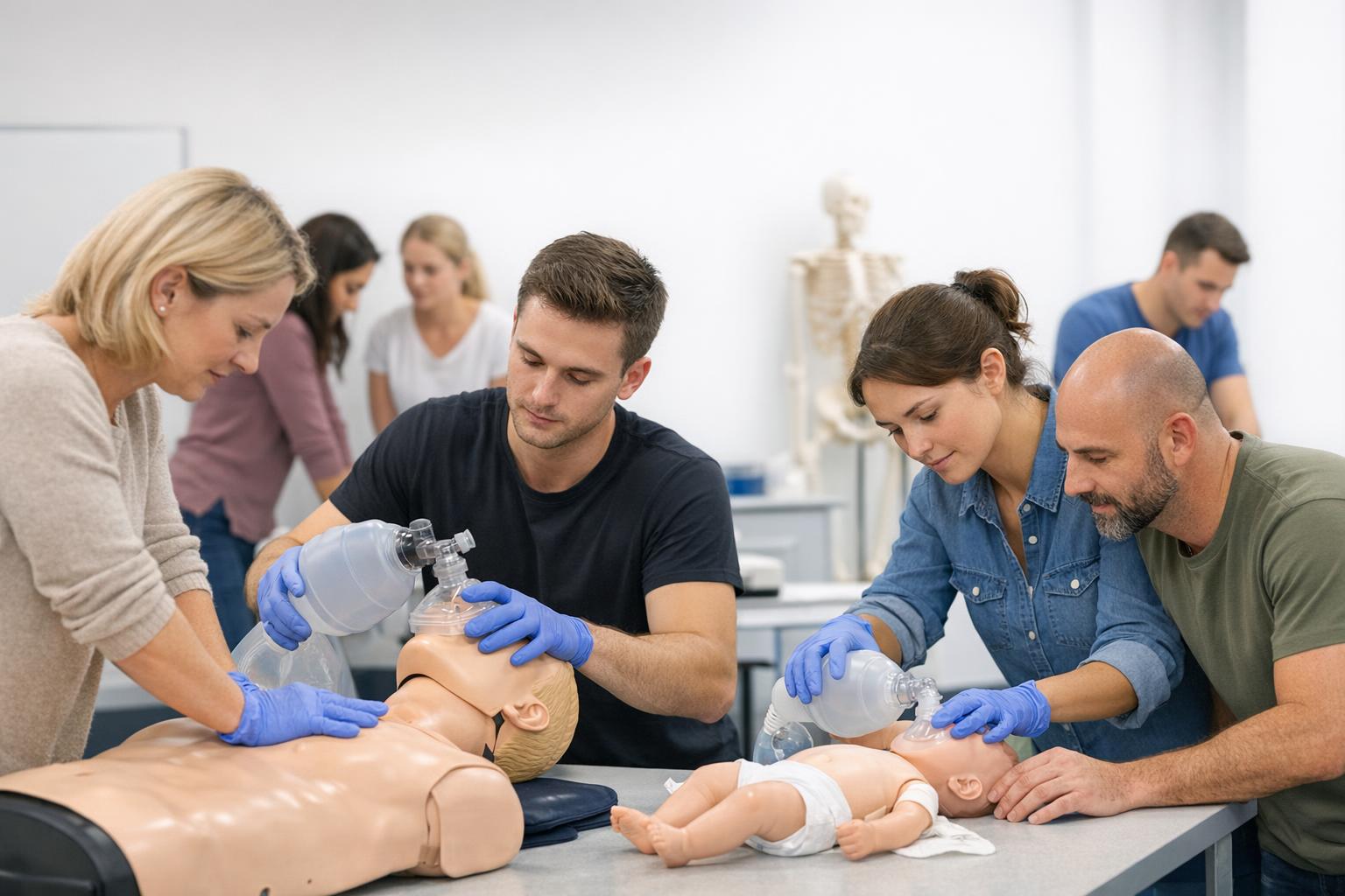 Uczestnicy kursu ćwiczący techniki na modelach anatomicznych